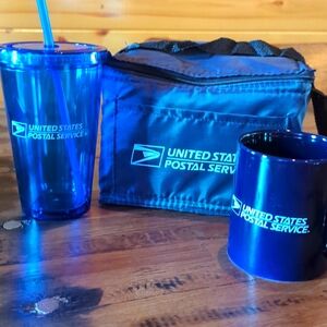 NEW USPS Gift Package! Cold Drink Lidded Cup w Straw, Coffee Cup & Lunch Cooler.
